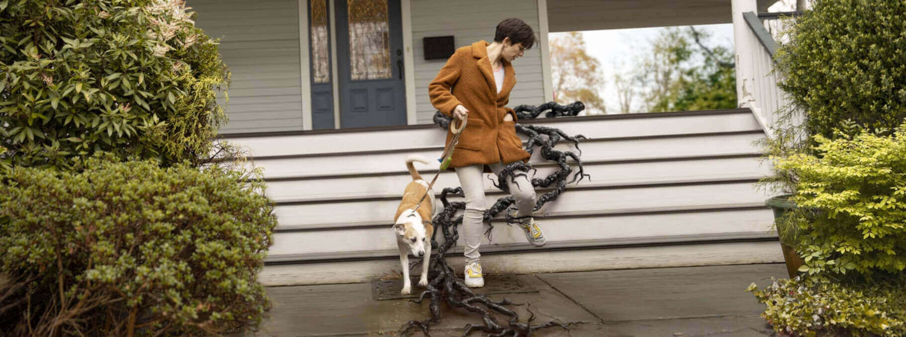 Tendrils wrap around a woman's leg as she walks her dog.